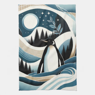 Linge De Cuisine Nuit D'Hiver En Crème Bleue Forêt De Pingouins