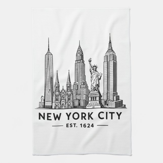 Linge De Cuisine NYC Skyline Illustration with Statue of Liberty (Vertical)