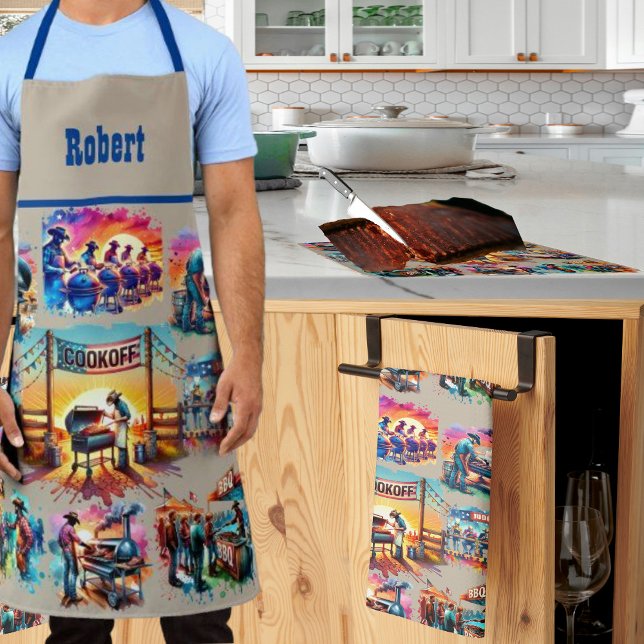 Linge De Cuisine Occidental Cowboy BBQ Scènes de Cookoff 1 (BBQ Cookoff design printed on kitchen towel. )