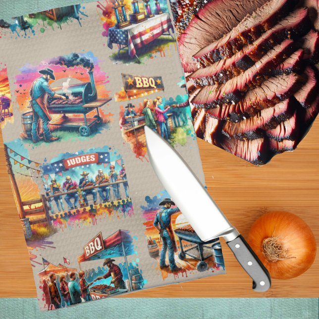Linge De Cuisine Occidental Cowboy BBQ Scènes de Cookoff 1 (Western BBQ Cookoff themed kitchen towel with watercolor cowboys cooking on the pit.)