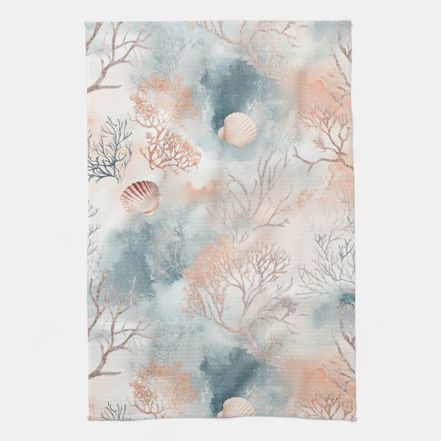 Linge De Cuisine Océan Abstrait Corail Orange Bleu Fluide (Vertical)