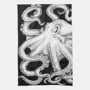 Linge De Cuisine Octopus Encre Noire Et Blanche