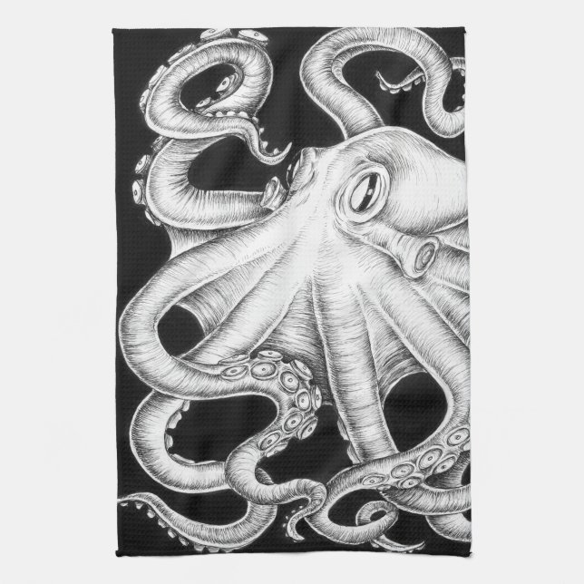 Linge De Cuisine Octopus Encre Noire Et Blanche (Vertical)