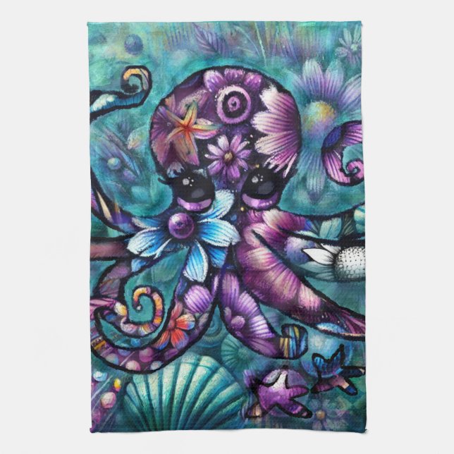 Linge De Cuisine Octopus lunaire Floral Turquoise Purple Bleu Côte (Vertical)