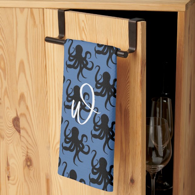 Linge De Cuisine Octopus Motif simple initial bleu foncé (Pliage en tiers)