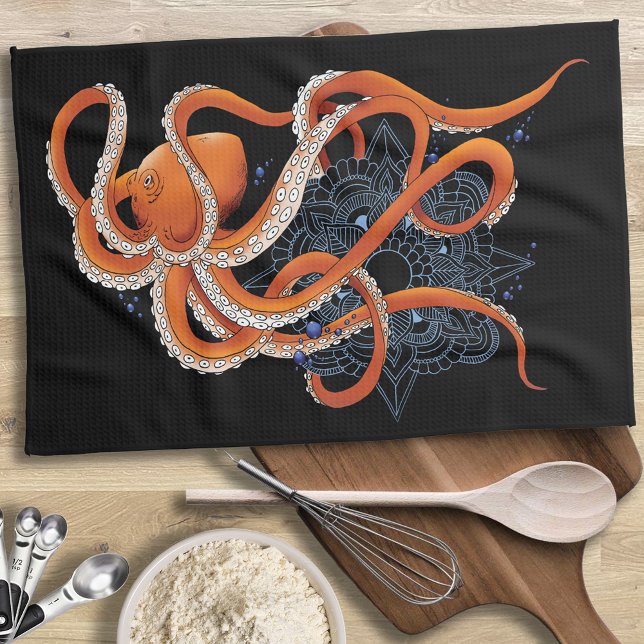 Linge De Cuisine Octopus Orange Mandala bleu (Créateur téléchargé)