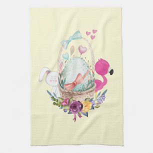 Linge De Cuisine Oeuf mignon, Flamant rose rose et lapin, Aquarelle