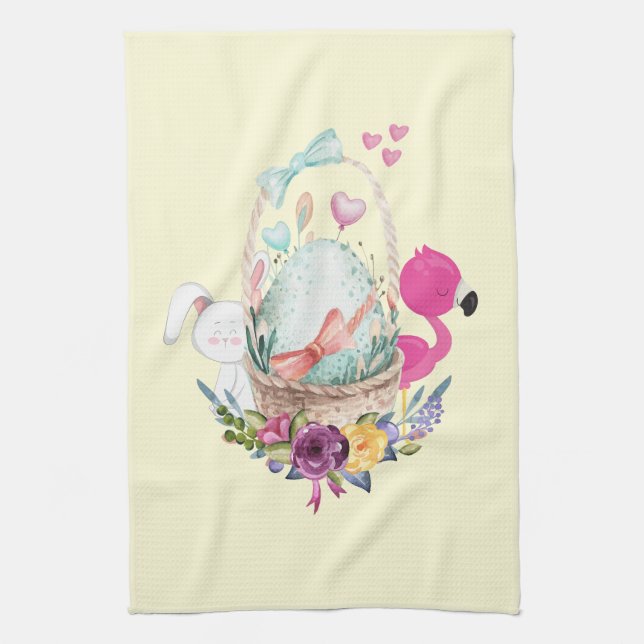 Linge De Cuisine Oeuf mignon, Flamant rose rose et lapin, Aquarelle (Vertical)