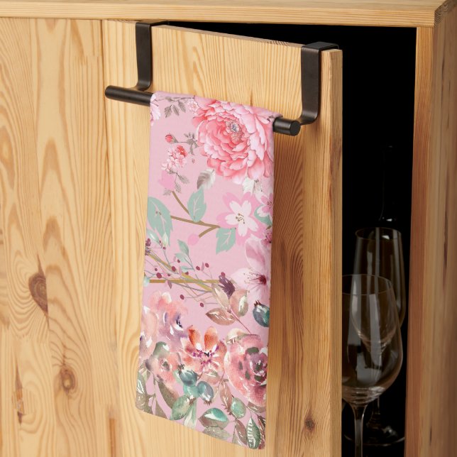 Linge De Cuisine Oeuvre Graphique En Fleurs Roses, Courbe Florale R (Pliage en tiers)