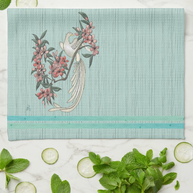 Linge De Cuisine Oiseau blanc - Fleurs de cerisiers Aqua (Plié)