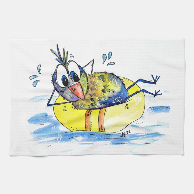Linge De Cuisine Oiseau blanc mignon sur flotteur (Horizontal)