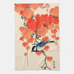 Linge De Cuisine Oiseau bleu japonais vintage et vigne vierge d'aut