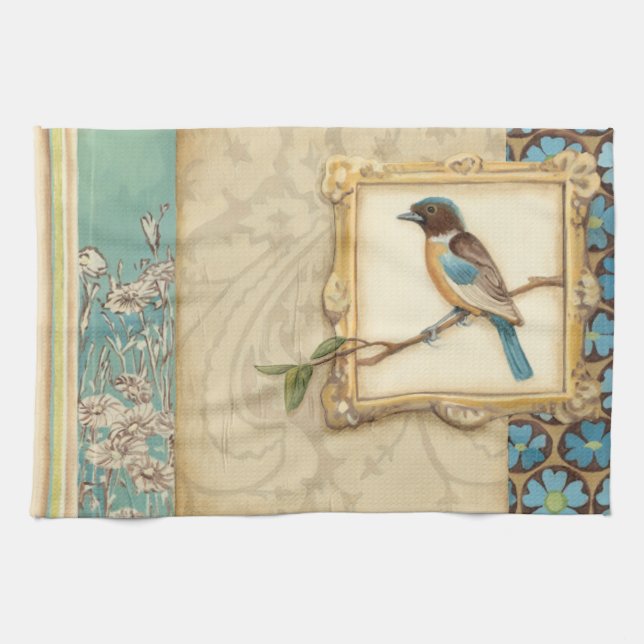 Linge De Cuisine Oiseau Brown et bleu sur une branche (Horizontal)