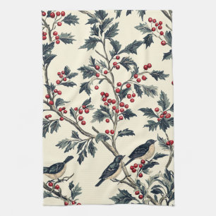 Linge De Cuisine Oiseau Chanteur Élégant Motif Crème Rouge Houx Hiv