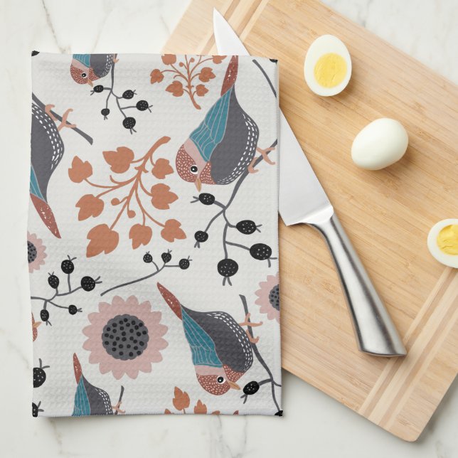 Linge De Cuisine Oiseau De Chickadee Et Berry Motif Design Floral (Quart Plié)