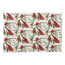 Oiseau rouge, feuilles saints, poinsettia, pin