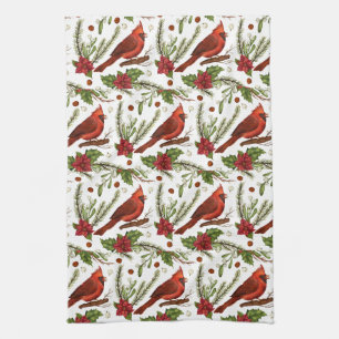 Linge De Cuisine Oiseau rouge, feuilles saints, poinsettia, pin