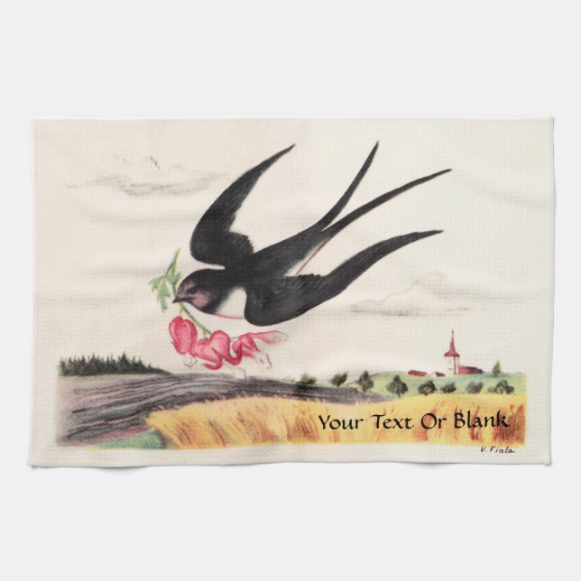 Linge De Cuisine Oiseau Volant Avec Fleurs (Horizontal)