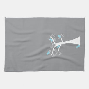Linge De Cuisine Oiseaux Bleus Clair sur un Arbre Blanc Tourbillonn