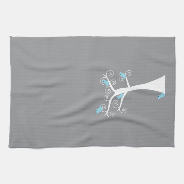 Linge De Cuisine Oiseaux Bleus Clair sur un Arbre Blanc Tourbillonn (Horizontal)