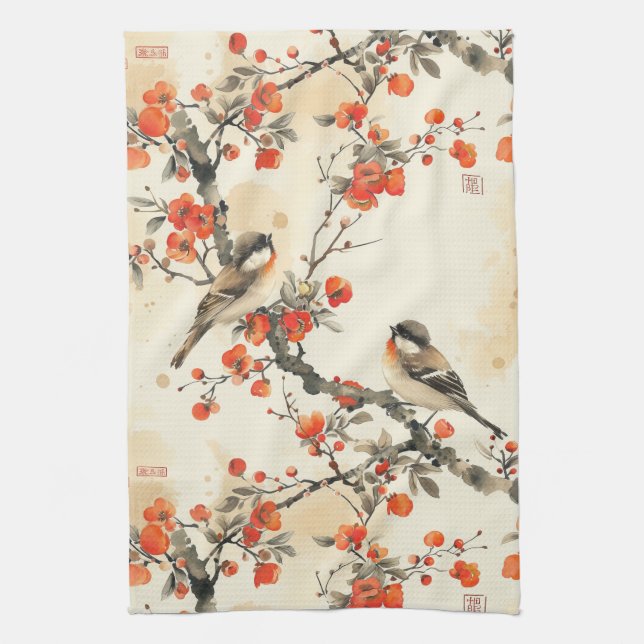 Linge De Cuisine Oiseaux chantants orientaux et fleurs - Traditionn (Vertical)