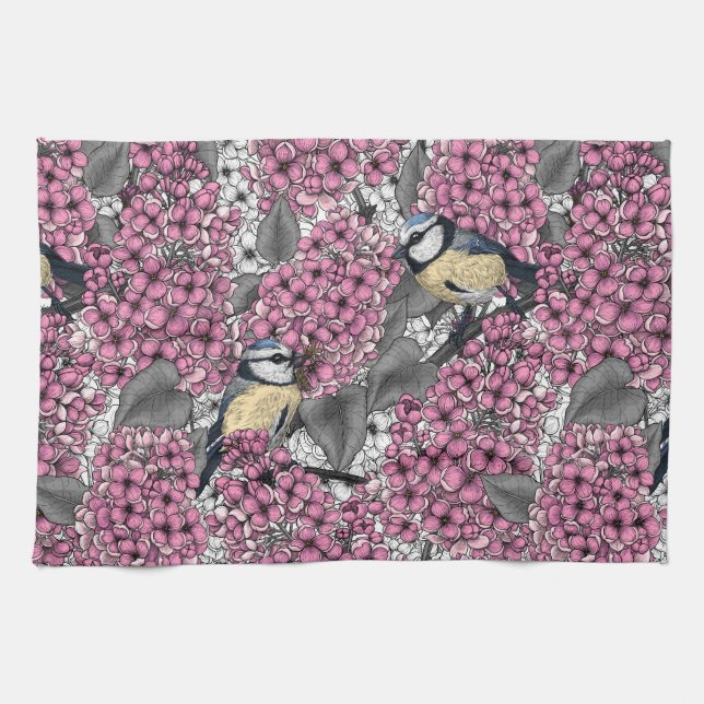 Linge De Cuisine Oiseaux dans le jardin lilas rose (Horizontal)