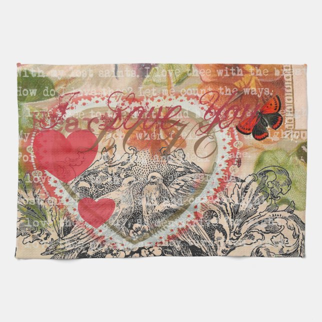 Linge De Cuisine Oiseaux de l'amour Cœur Rouge Collage d'art (Horizontal)