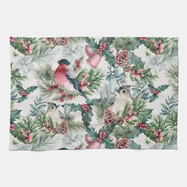Linge De Cuisine Oiseaux de Noël et pins floraux (Horizontal)