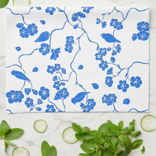 Linge De Cuisine Oiseaux en fleurs de cerisiers Bleu Imprimer (Plié)