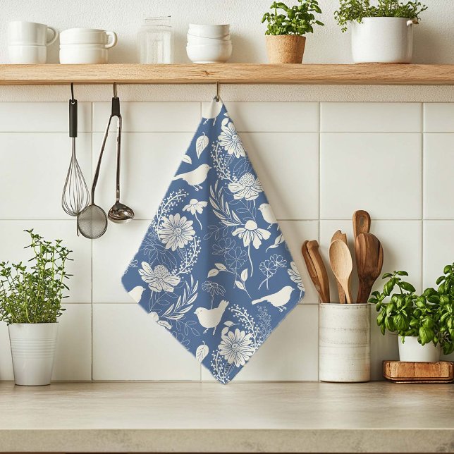 Linge De Cuisine Oiseaux et fleurs Bleu & Crème (Créateur téléchargé)