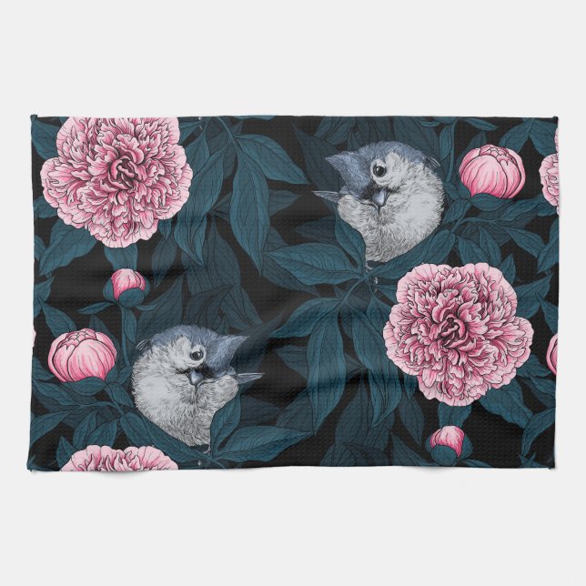 Linge De Cuisine Oiseaux et fleurs de pivoines roses avec feuille (Horizontal)