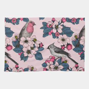 Linge De Cuisine Oiseaux et fleurs roses
