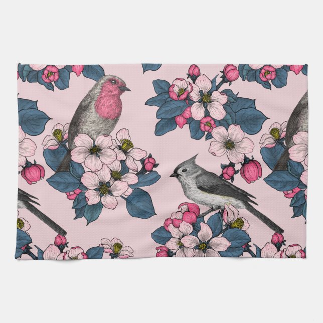Linge De Cuisine Oiseaux et fleurs roses (Horizontal)