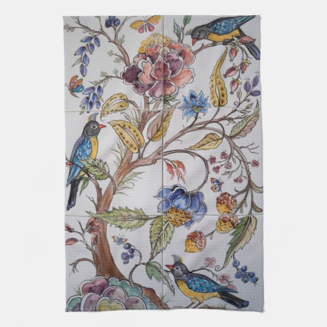 Linge De Cuisine Oiseaux Fleurs florales Chinoiserie Carrelage Orie (Vertical)