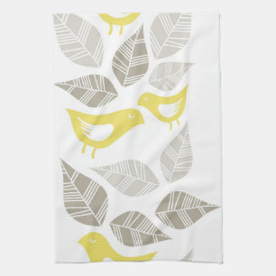 Linge De Cuisine oiseaux jaunes avec le feuille malpropre gris sur