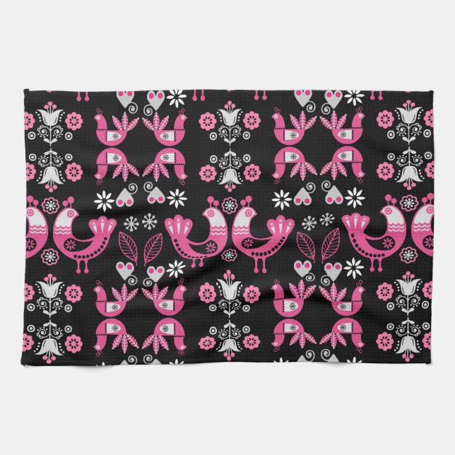 Linge De Cuisine Oiseaux roses et blancs du folklore scandinave (Horizontal)