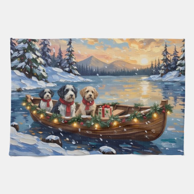 Linge De Cuisine Old English Sheepdog Christmas Boat Holiday (Horizontal)