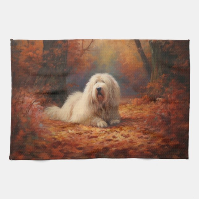 Linge De Cuisine Old English Sheepdog en automne Leaves Fall Inspir (Horizontal)