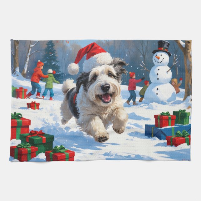Linge De Cuisine Old English Sheepdog Running in Snow Christmas Cas (Horizontal)