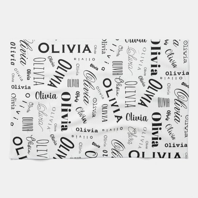 Linge De Cuisine Olivia Nom Personnalisé Noir Blanc  (Horizontal)