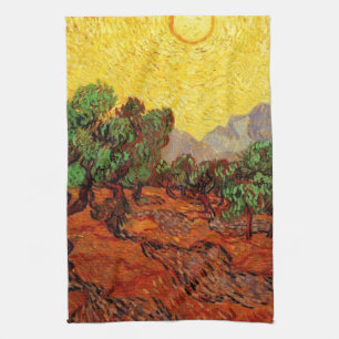 Linge De Cuisine Oliviers avec ciel jaune et soleil