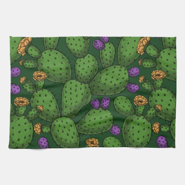 Linge De Cuisine Opuntie de floraison sur vert foncé (Horizontal)