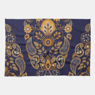 Linge De Cuisine Or et bleu, motif sans couture fleurie.