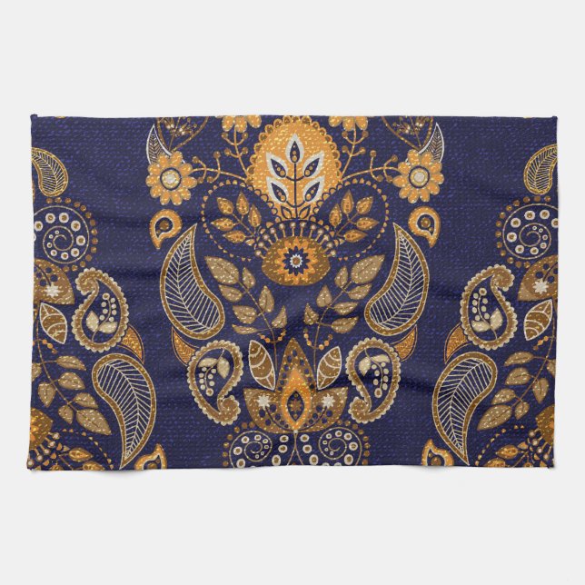 Linge De Cuisine Or et bleu, motif sans couture fleurie. (Horizontal)