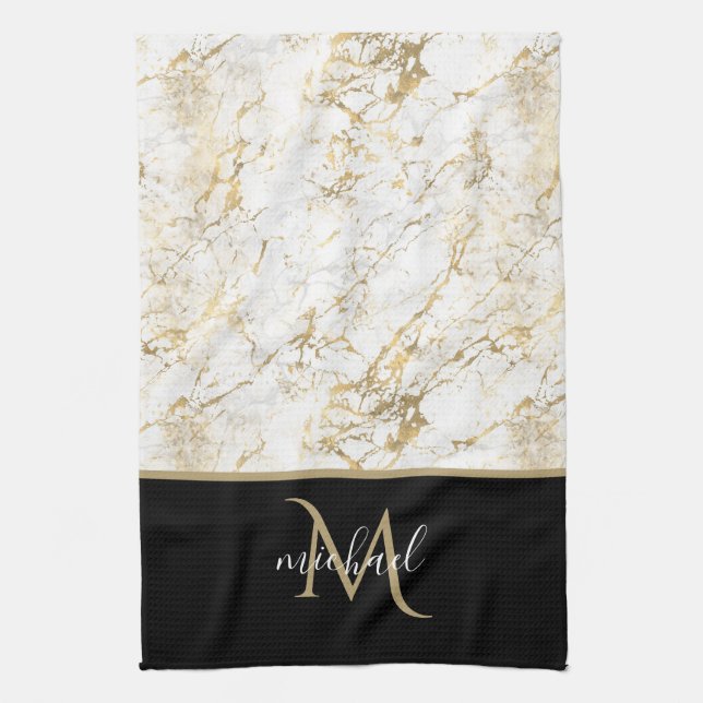 Linge De Cuisine Or et Marbre blanc avec Monogramme noir (Vertical)