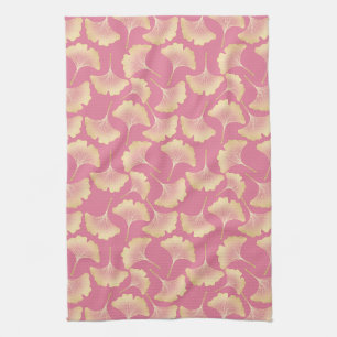 Linge De Cuisine Or Gold Ginkgo Botanique Motif Rose Scandinave