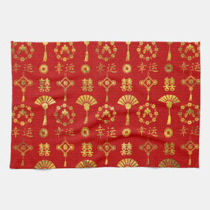 Linge De Cuisine Or sur le motif chinois chanceux rouge de symboles