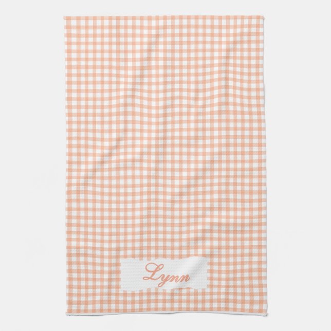 Linge De Cuisine Orange & Blanc Gingham Classique | Nom Personnalis (Vertical)