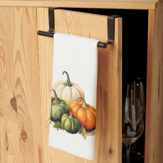 Linge De Cuisine Orange, Blanc & Vert Citrouille Automne Thème (Pliage en tiers)