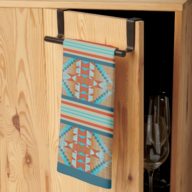 Linge De Cuisine Orange Brown Aqua Turquoise Blue Tribal Art (Pliage en tiers)